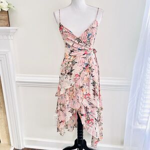 BCBGMAXAZARIA Pink Floral Chiffon True Wrap Dress with Asymmetrical Ruffles Sz 4